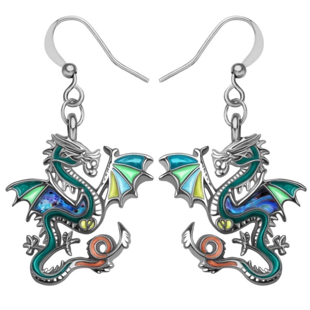 Silver and Multicolor Enamel Mythical Dragon Dangling French Wire Hook Earrings